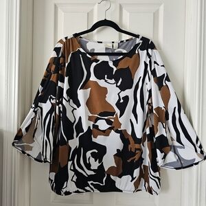 Chico's Abstract Scoop Neck Blouse in Black, White & Brown, Stretch SIZE 3.